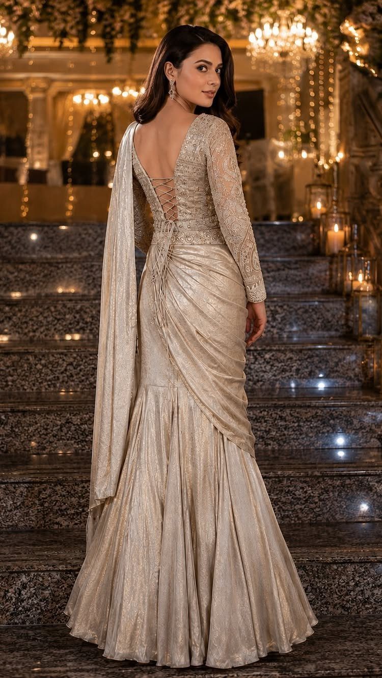 Woman in a shimmering champagne long sleeve gown standing on elegant stone stairs.