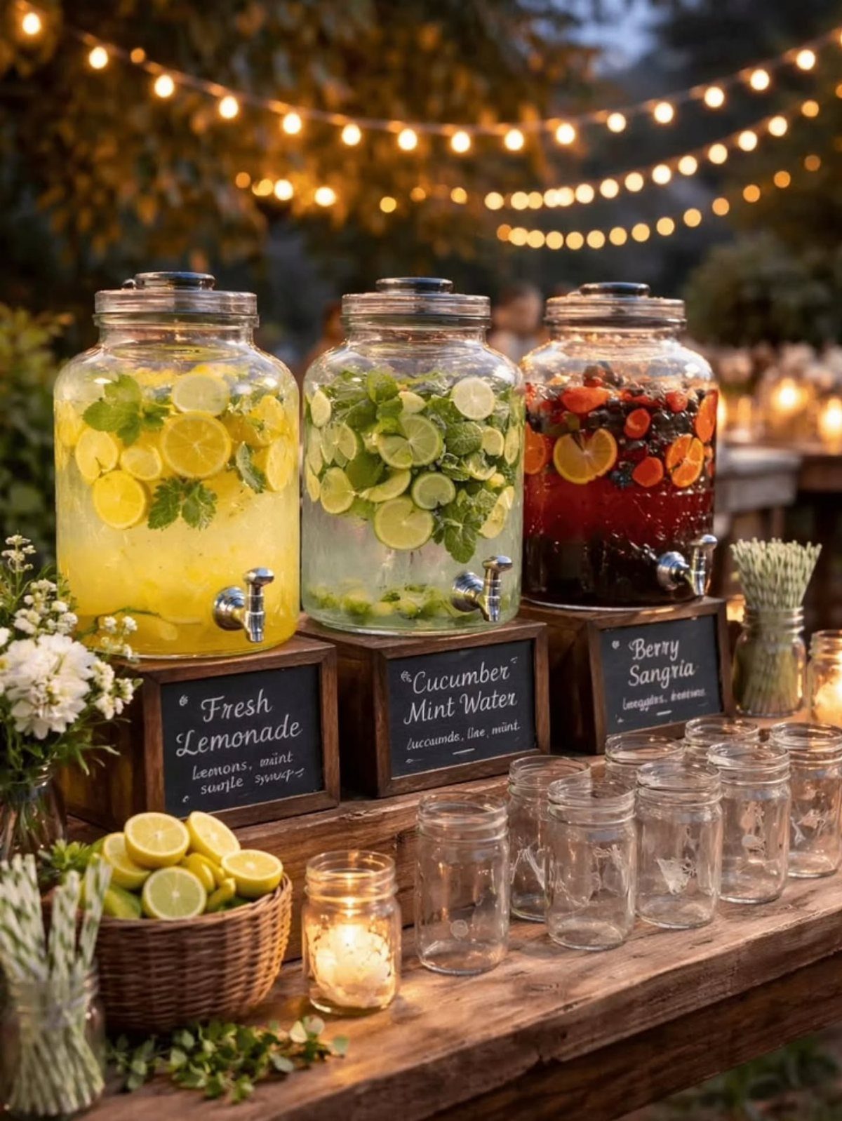 Three glass beverage dispensers with fruit and mint on a rustic wooden table.