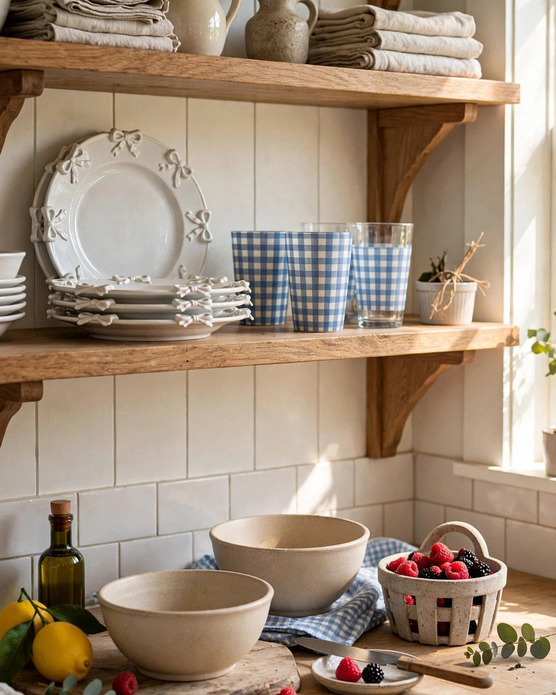 Kitchen shelves and counter featuring white bow plates, checkered glasses, and beige bowls.