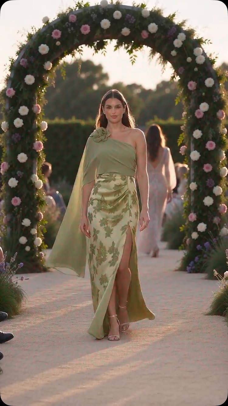 Woman in a green floral one-shoulder maxi dress walking through a garden floral arch.