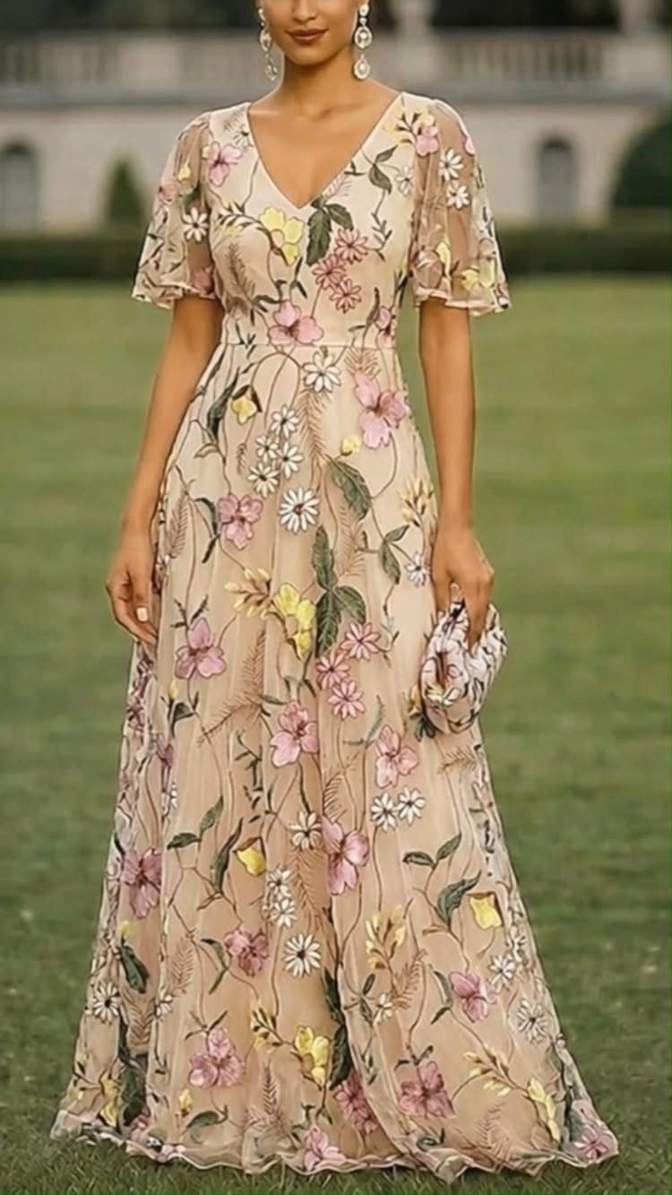 Woman wearing a beige floral embroidered maxi dress standing on a green lawn