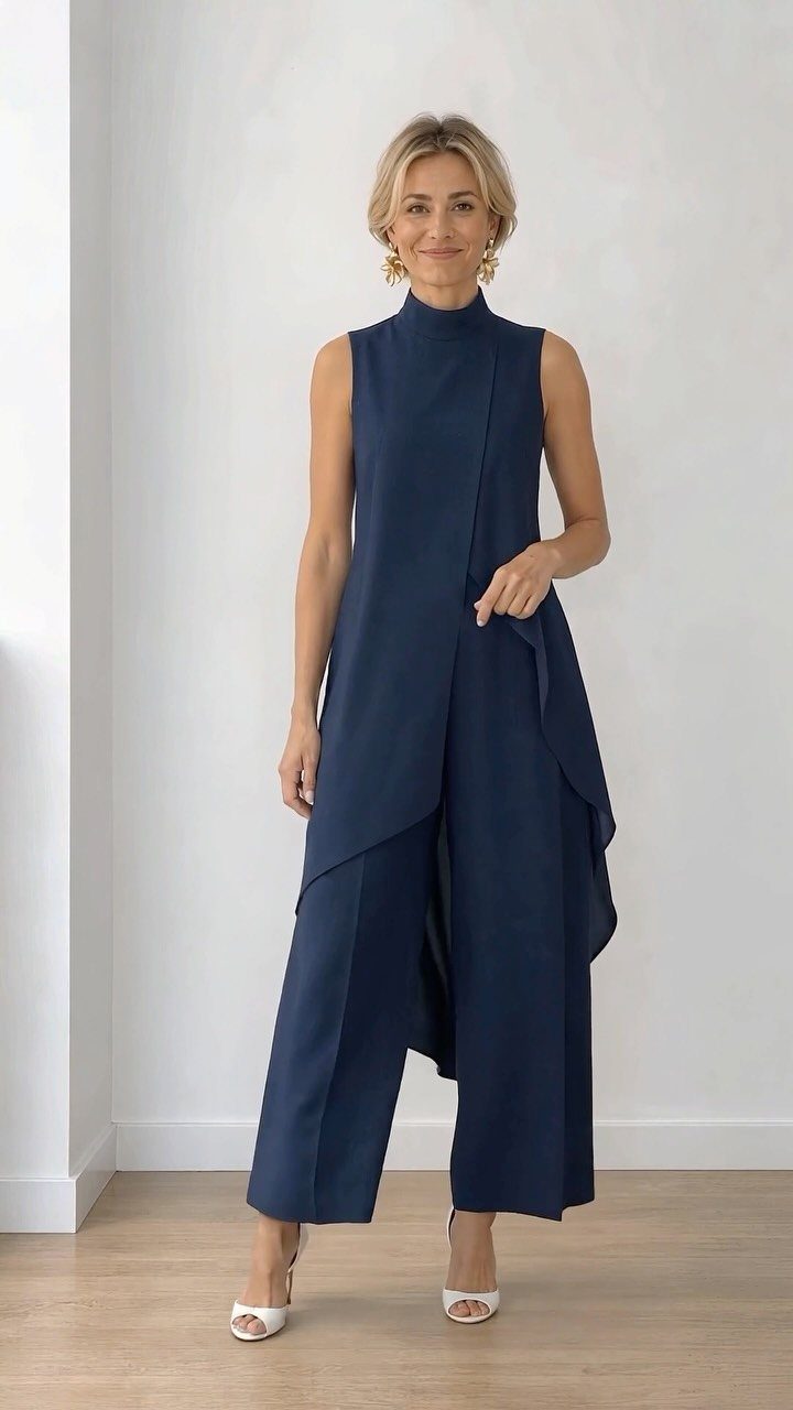 Woman wearing a navy blue sleeveless draped jumpsuit and white high heel sandals.