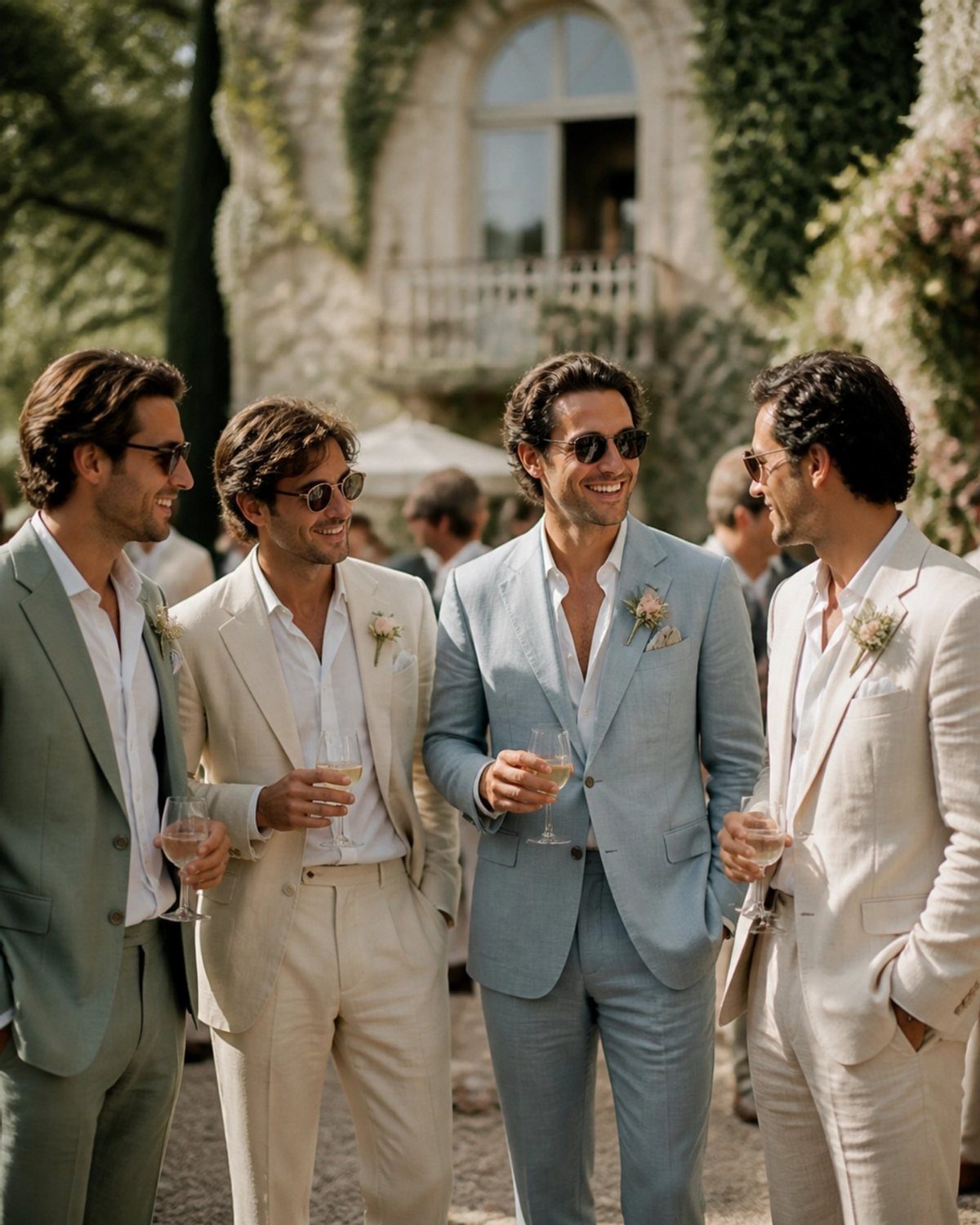 Four men in light-colored summer suits holding champagne in a garden setting