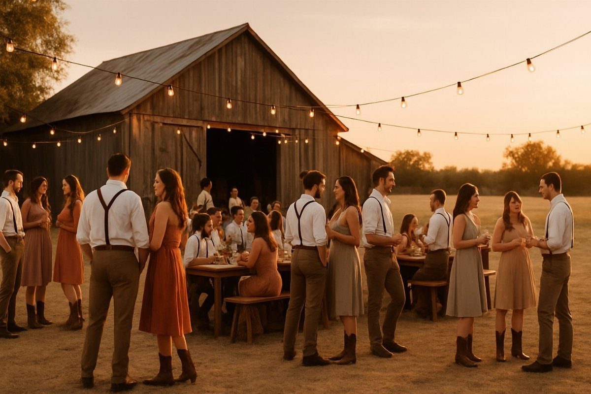 People in earthy-toned semi-formal attire socializing outside a rustic barn at sunset.