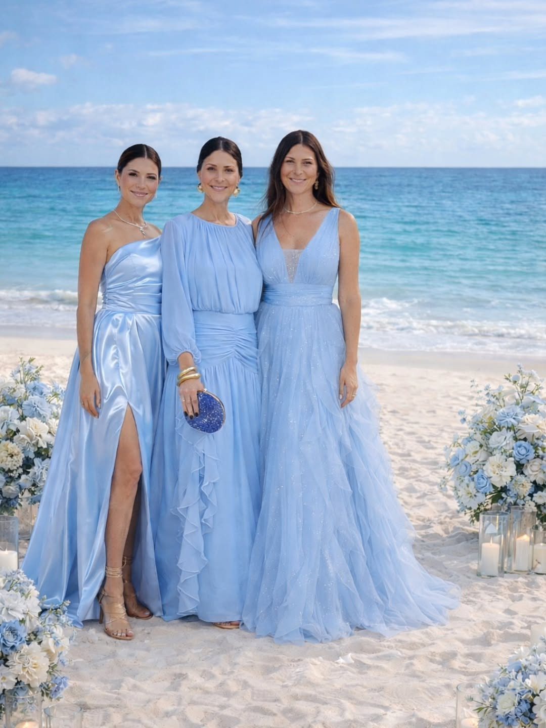 Three women in formal light blue gowns posing on a beach with floral arrangements.