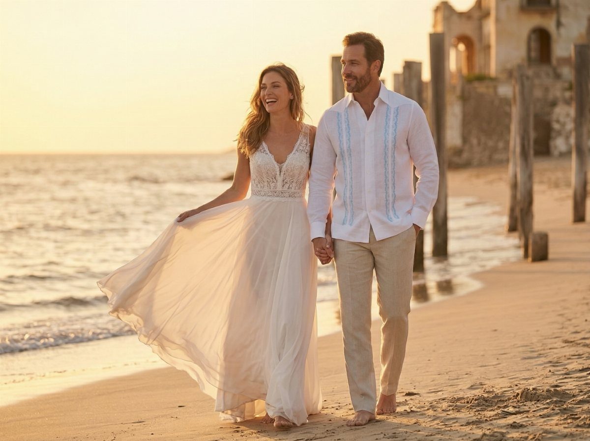 Couple walking on a beach wearing white chiffon wedding dress and linen trousers