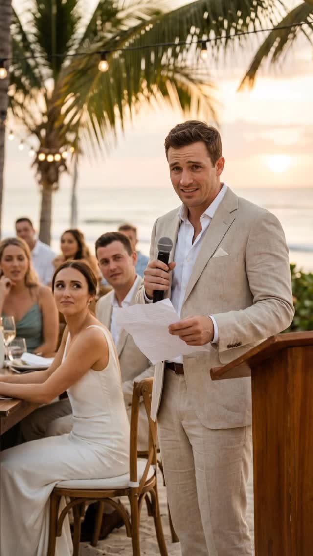 Man in a beige linen suit speaking at a beach wedding during sunset.
