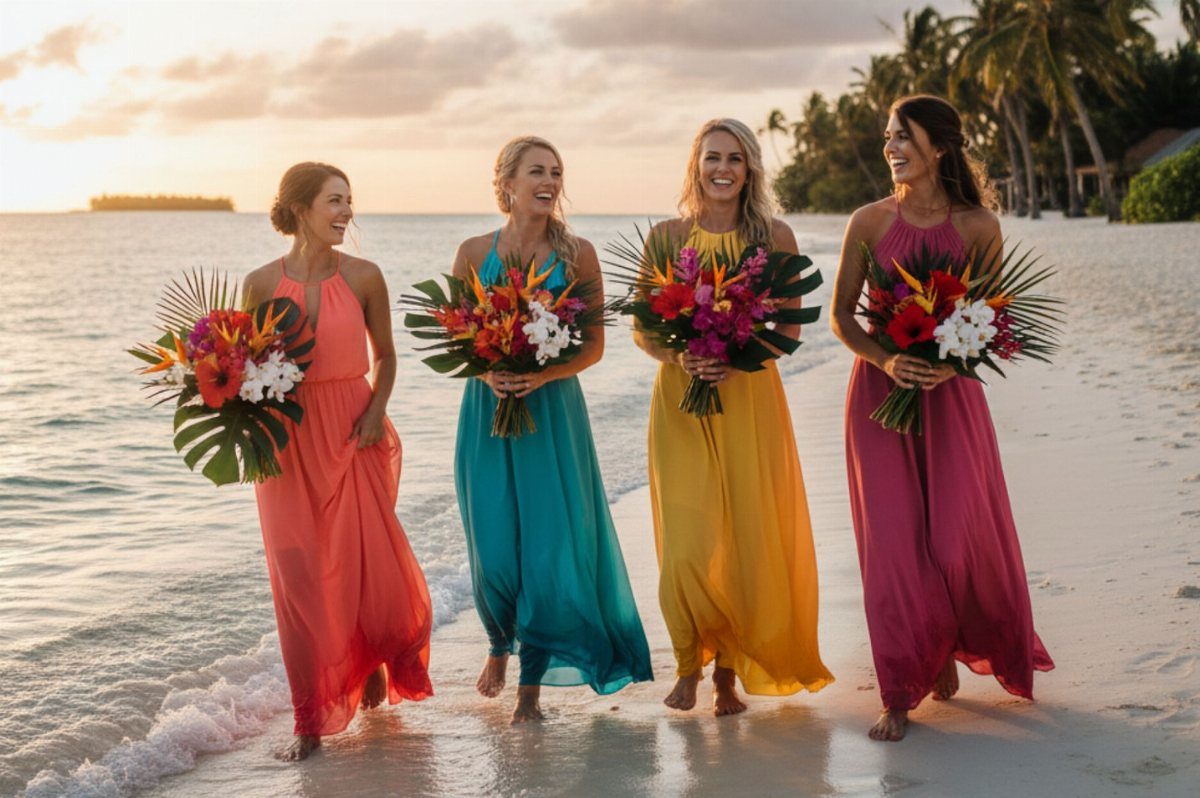 Four women in colorful maxi dresses holding tropical bouquets on a sandy beach.