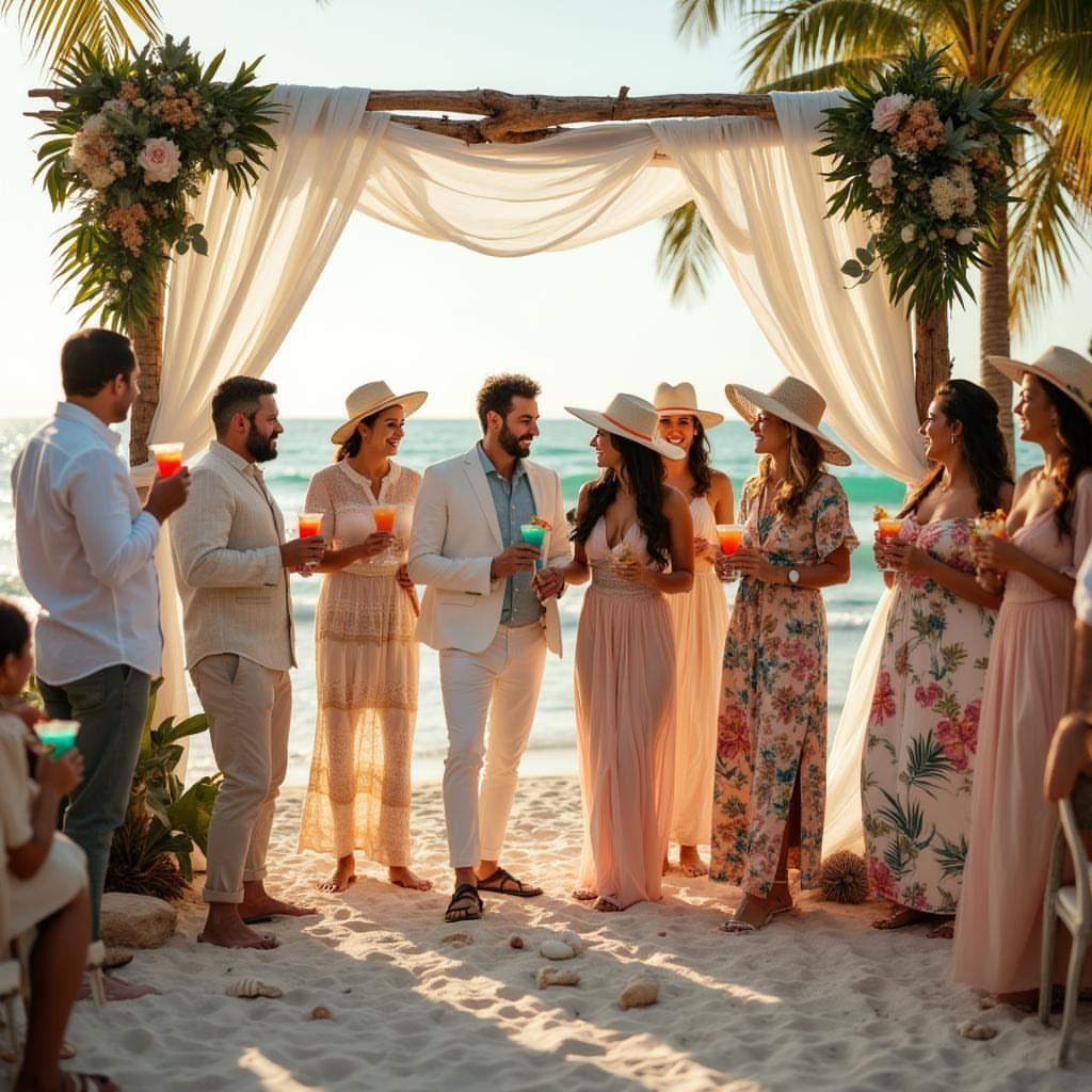 Men and women in light linen wedding guest attire standing on a sandy beach.