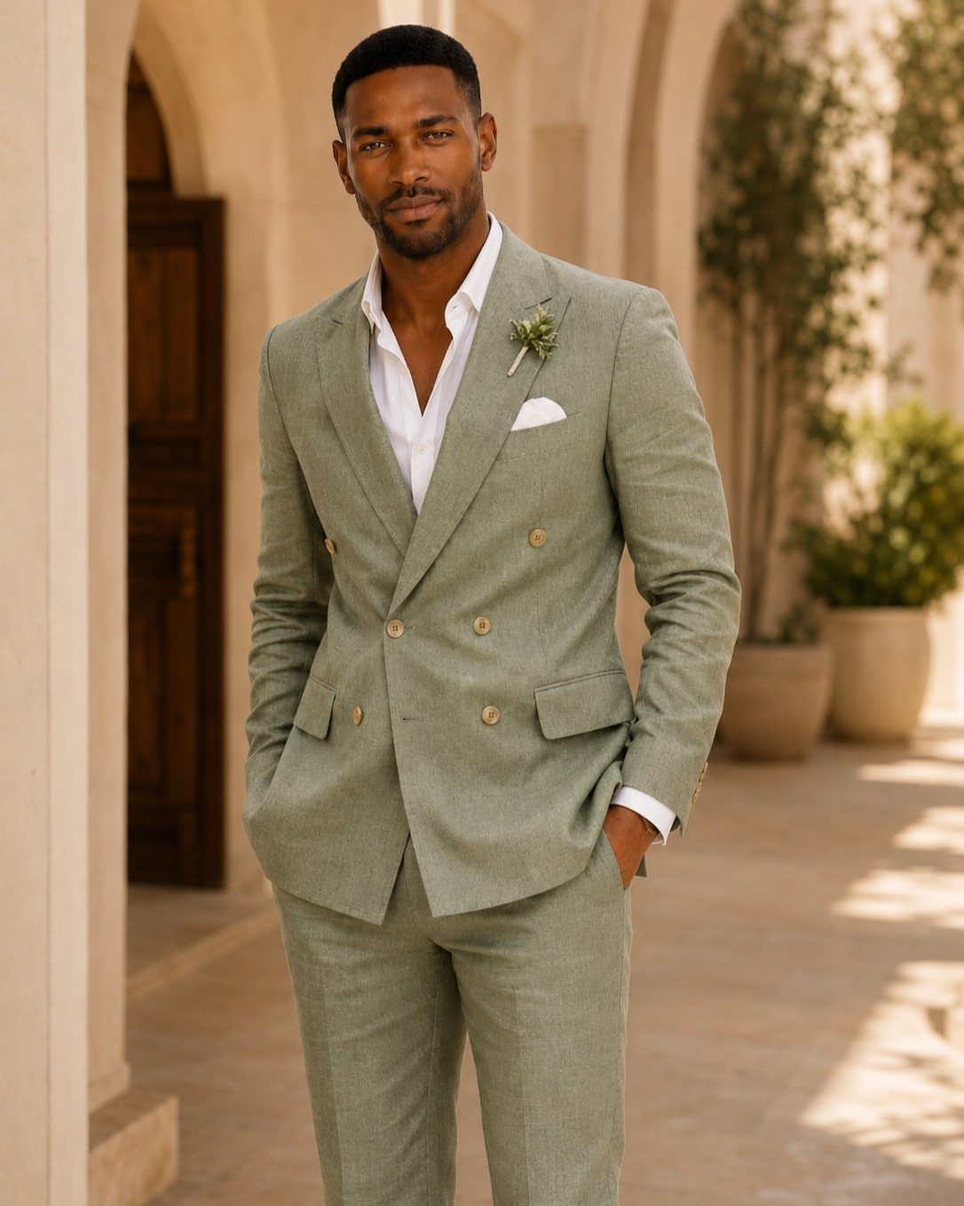 Man wearing a sage green linen suit with a white shirt and boutonniere.