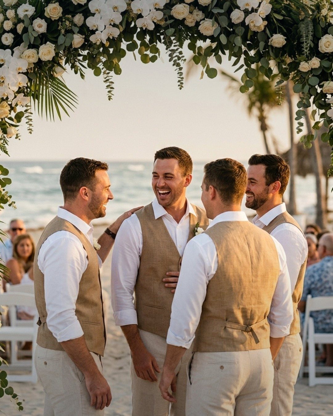 Four men in tan vests and white shirts standing under a beach wedding arch.