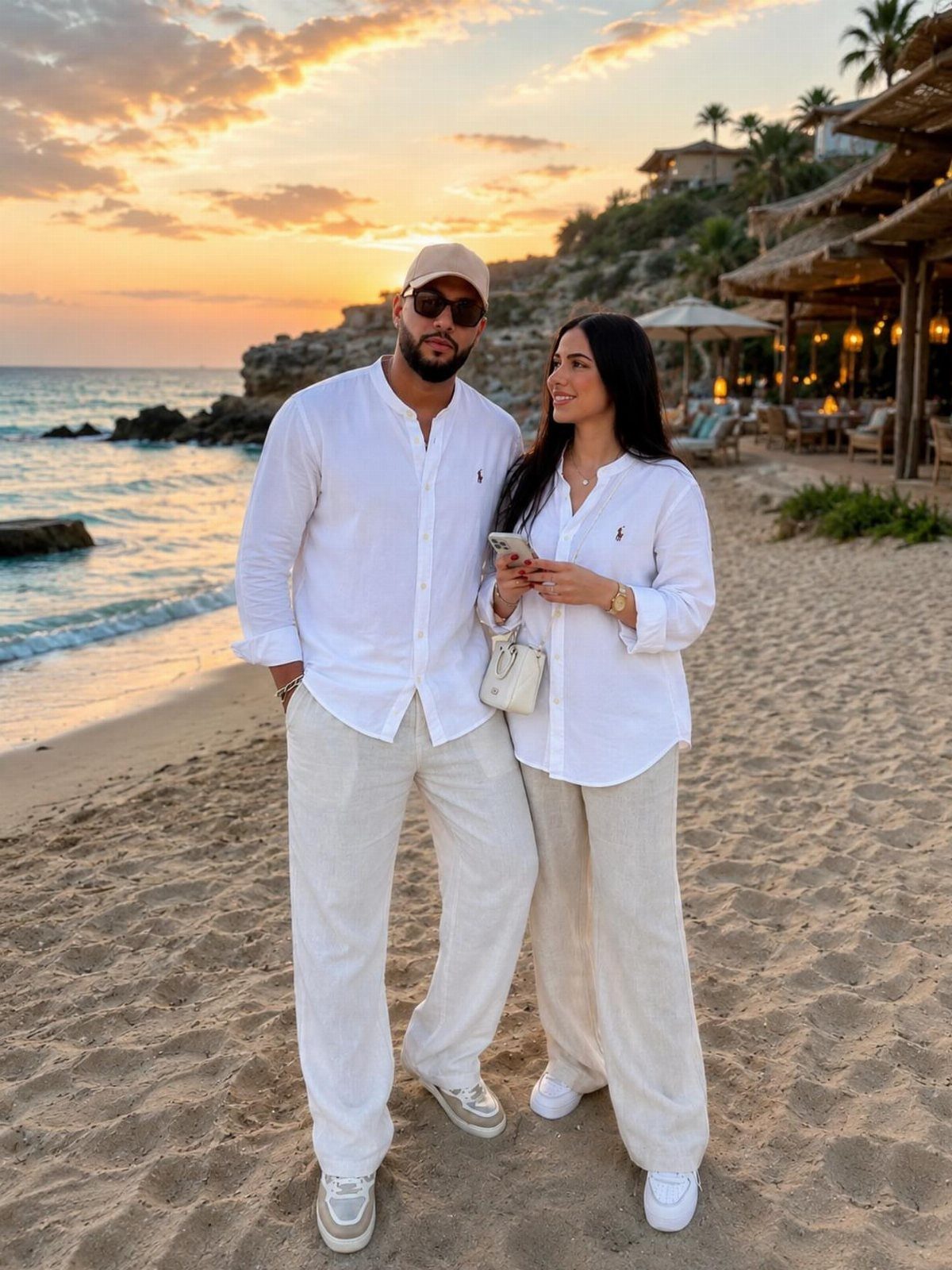 Man in white shirt and beige linen trousers posing on a beach at sunset.