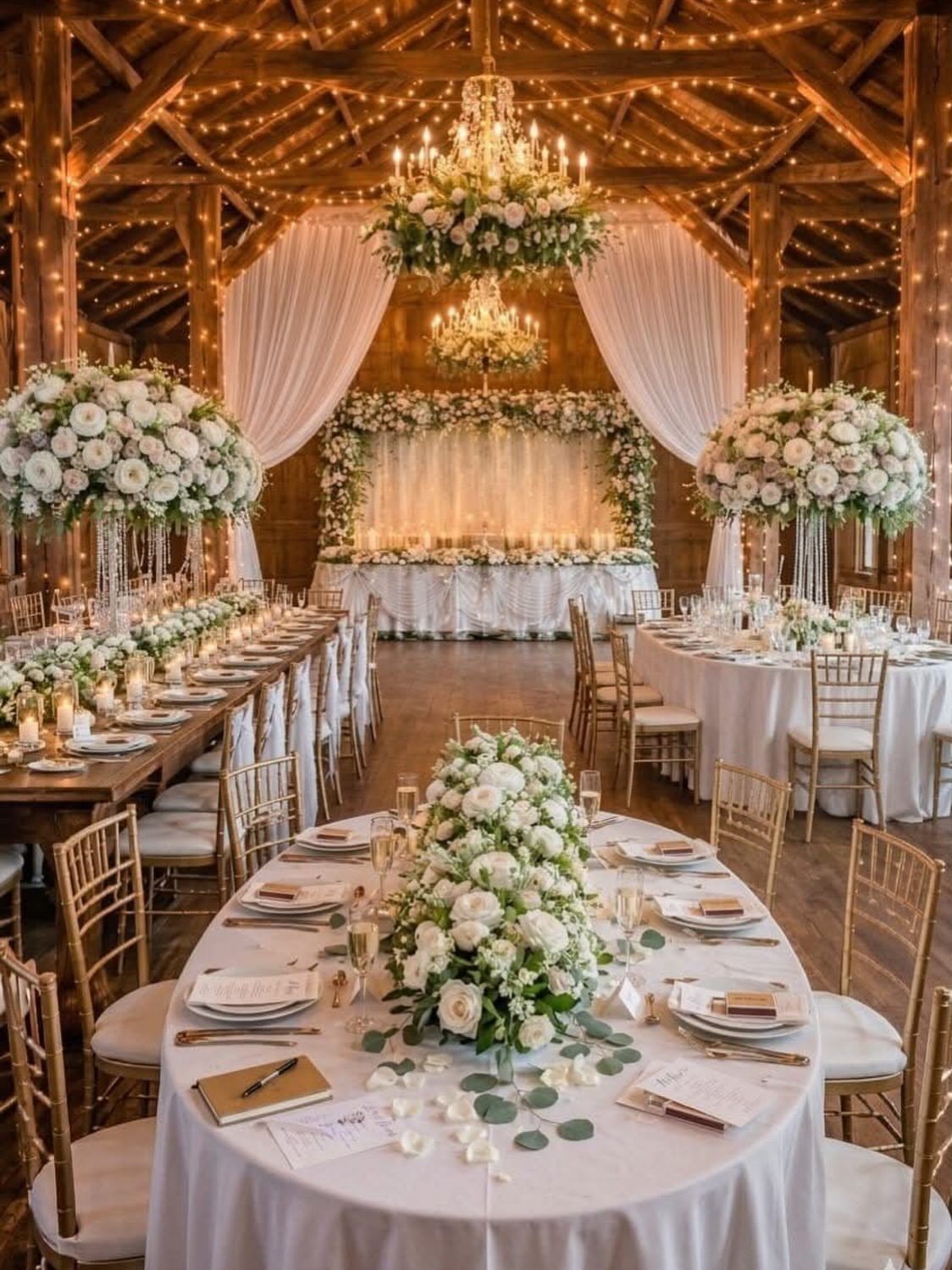 Elegant wedding reception with white flowers and gold chairs inside a rustic wooden barn.