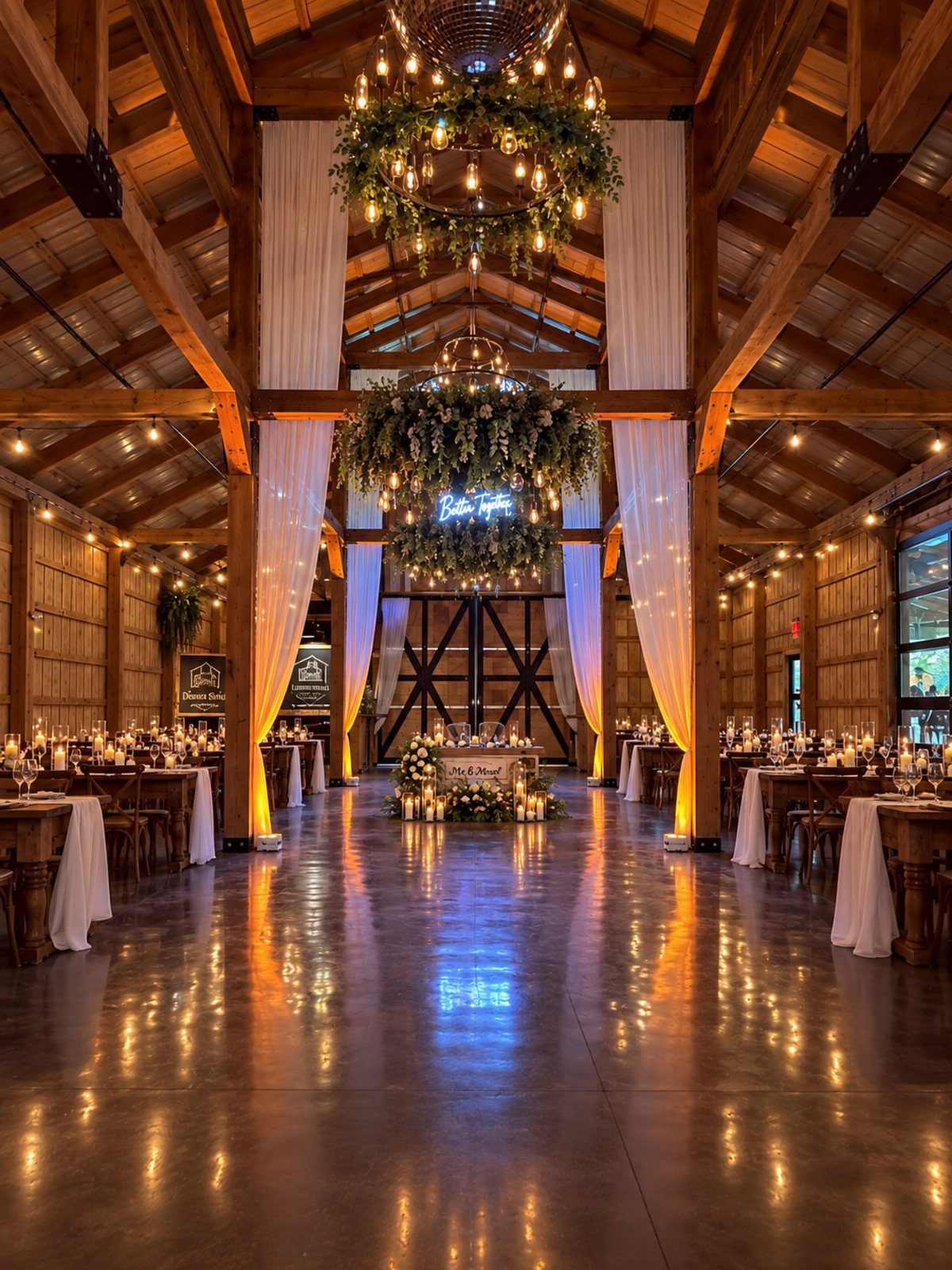 Rustic barn wedding venue with wooden beams, white draping, and floral chandeliers.