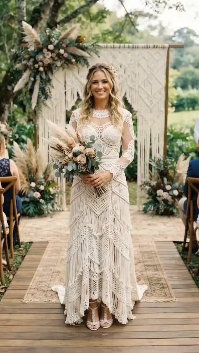 Woman in a white lace bohemian wedding dress holding a rustic floral bouquet.