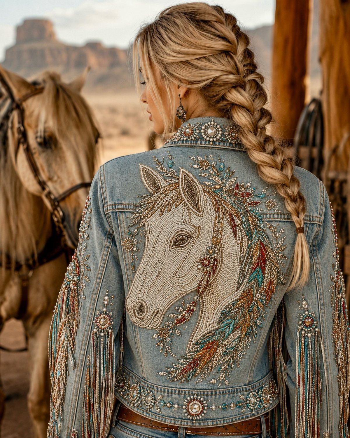 Woman wearing a denim jacket with a beaded horse design and fringe sleeves.