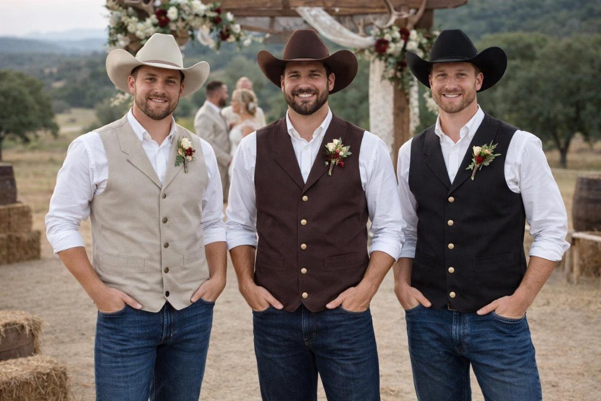 Three men in cowboy hats and waistcoats posing at a rustic outdoor wedding