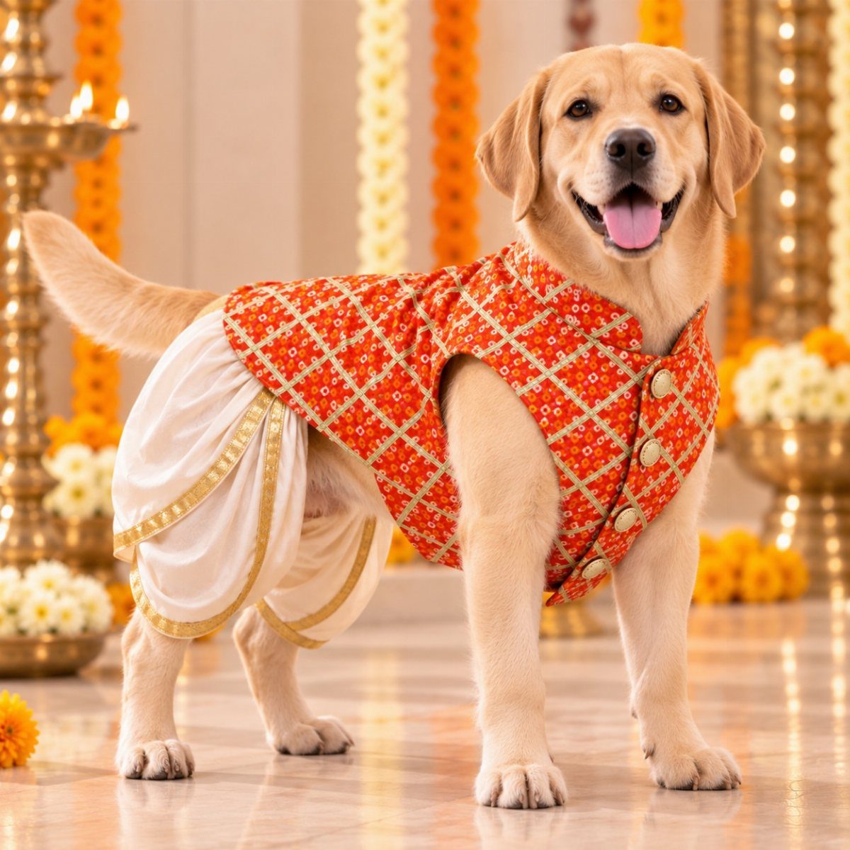 Golden Labrador wearing a red patterned Indian wedding vest and white draped trousers.
