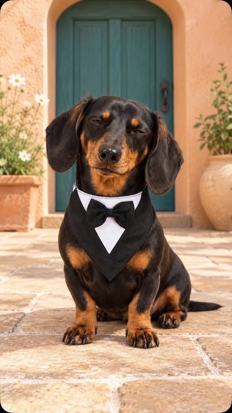 Dachshund wearing a black tuxedo bandana with a bowtie on a stone patio.
