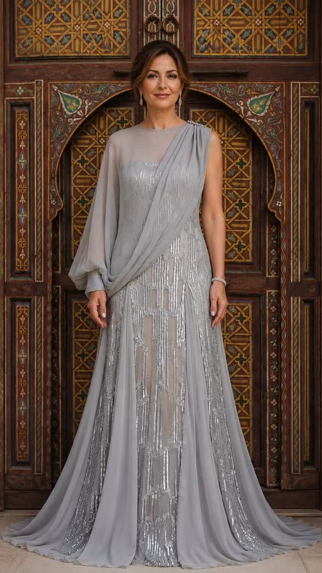 Woman in a grey draped floor-length gown with silver sequins and sheer sleeve.