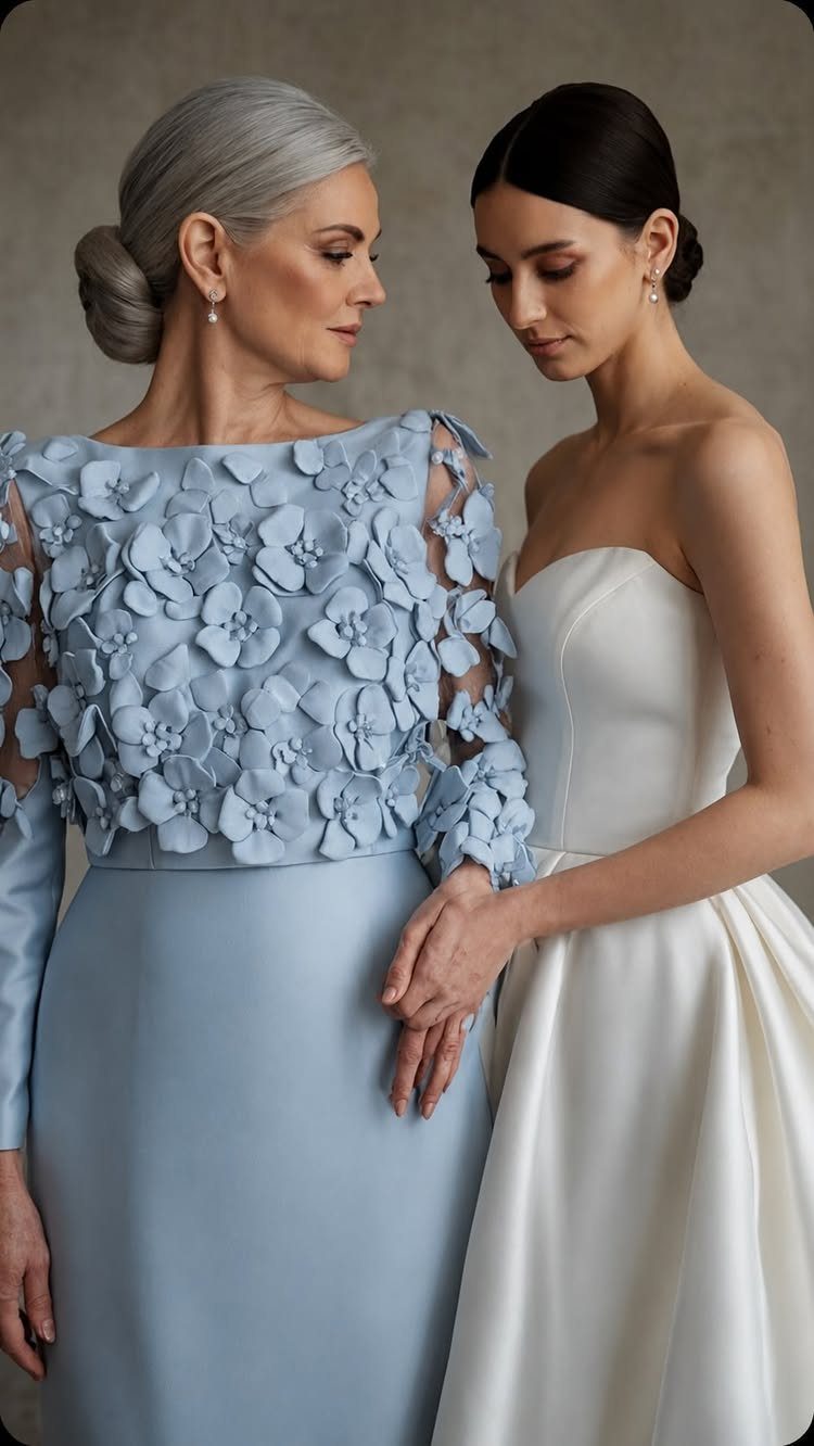 Mature woman in light blue floral elegant dress standing with a bride.