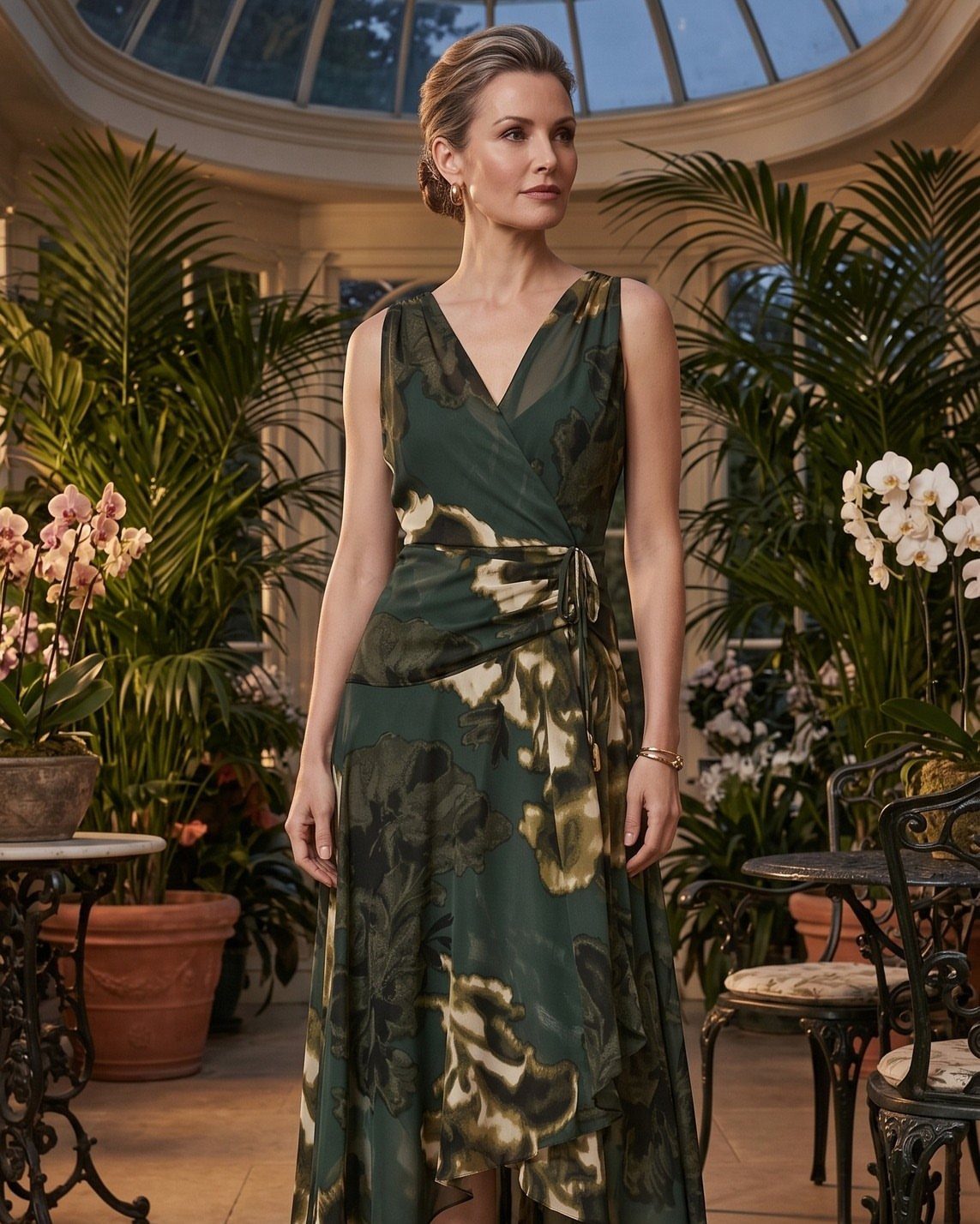 Mature woman in a dark green floral wrap dress standing in a lush conservatory.