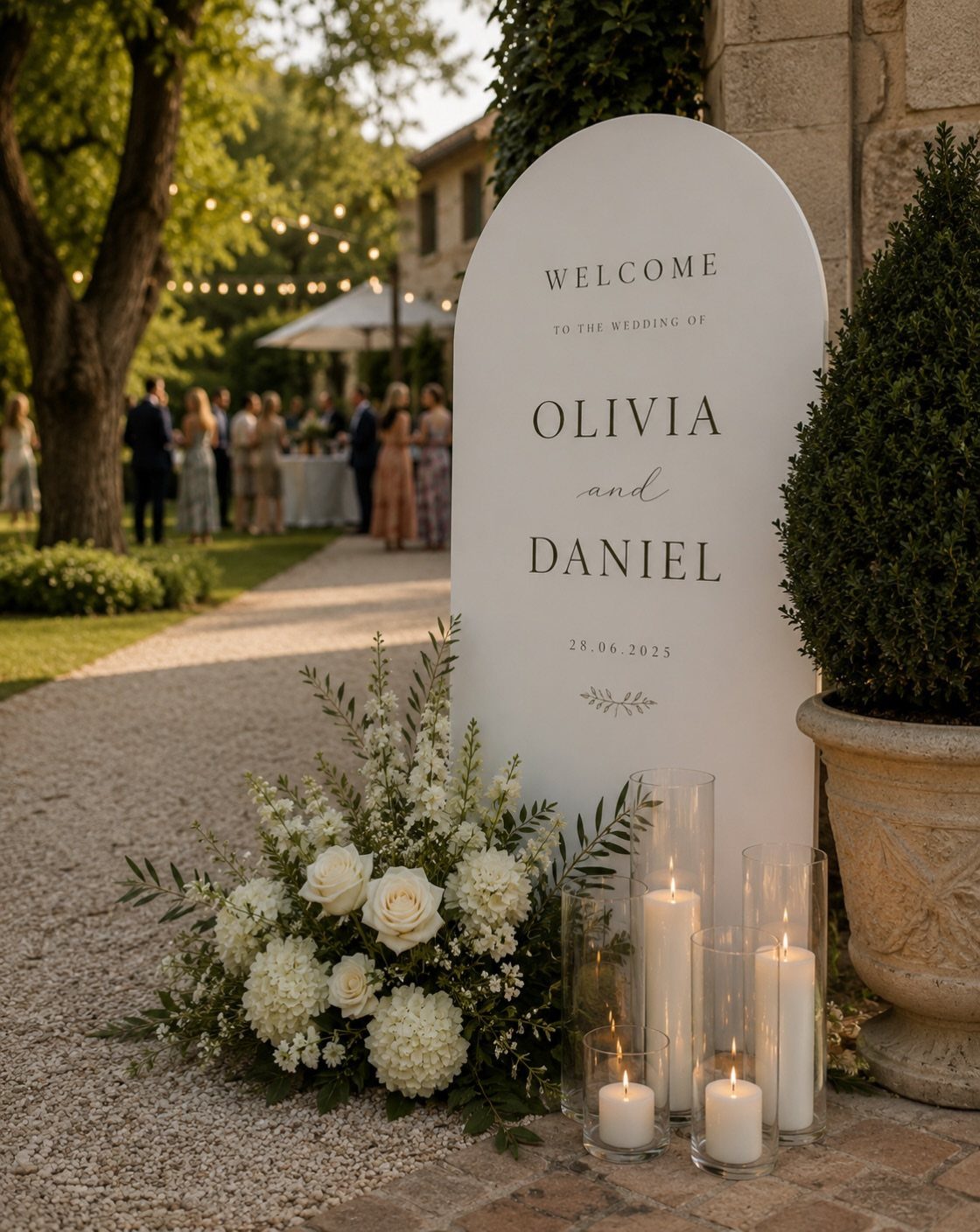 White arched wedding welcome sign with elegant black typography and white floral arrangements