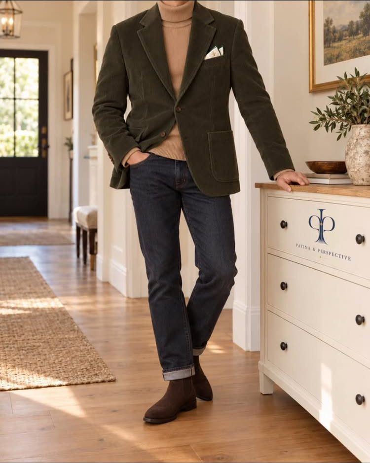 Man wearing olive green corduroy blazer, tan turtleneck, and dark jeans in a hallway.