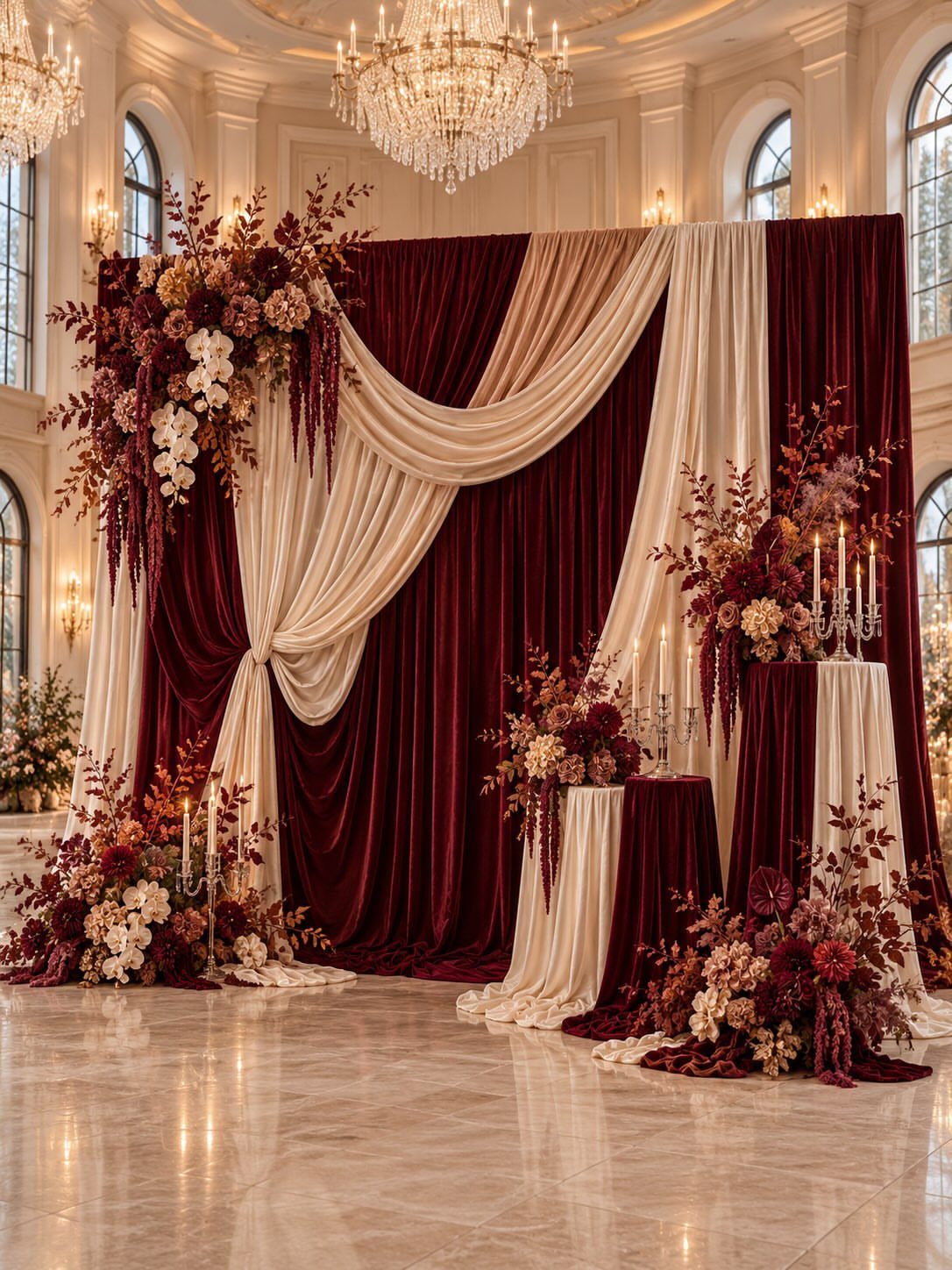 Burgundy velvet and cream fabric backdrop with autumn floral arrangements and crystal chandelier.