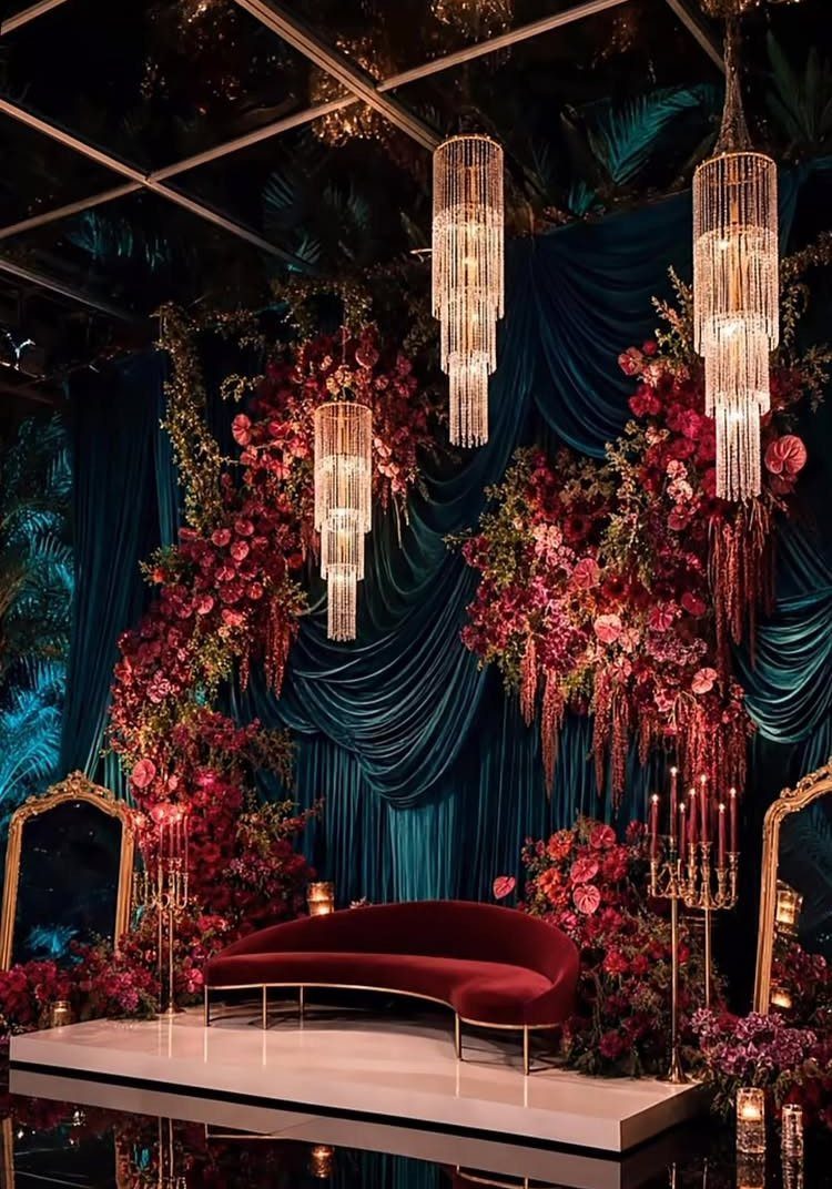 Deep teal drapes and red floral arrangements with crystal chandeliers and red velvet sofa.