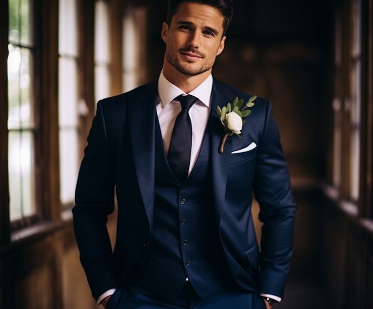 Man in a navy blue three-piece suit with a white floral boutonniere.