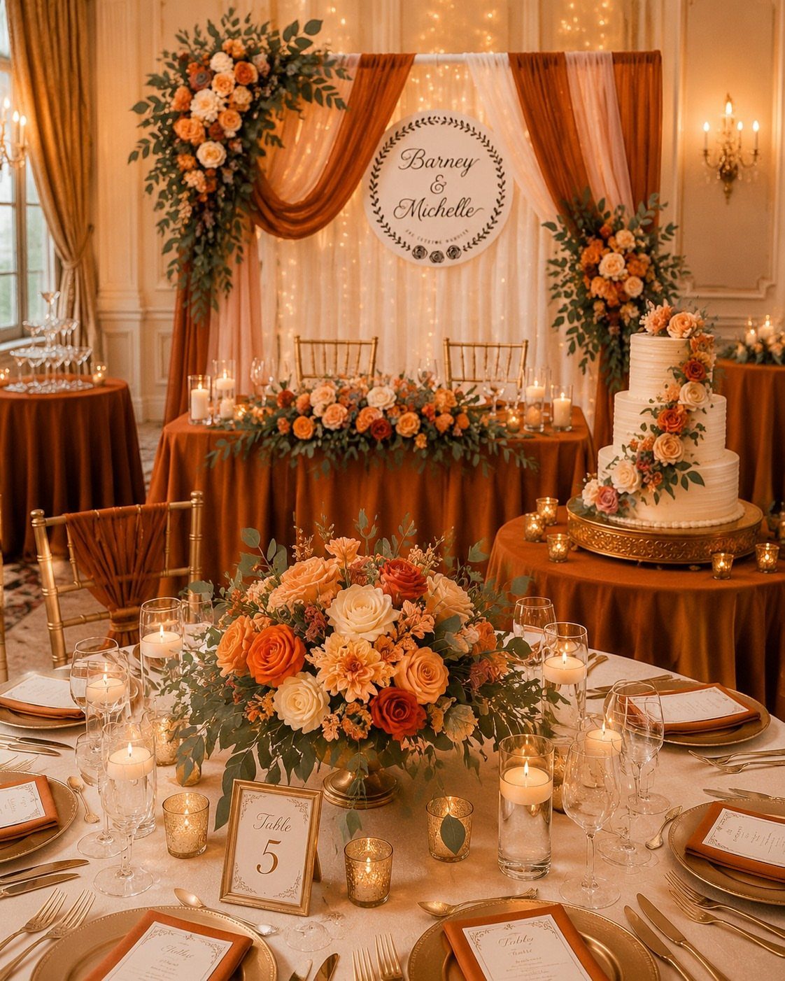 Wedding reception with terracotta linens, orange and cream floral centerpieces, and a tiered cake.