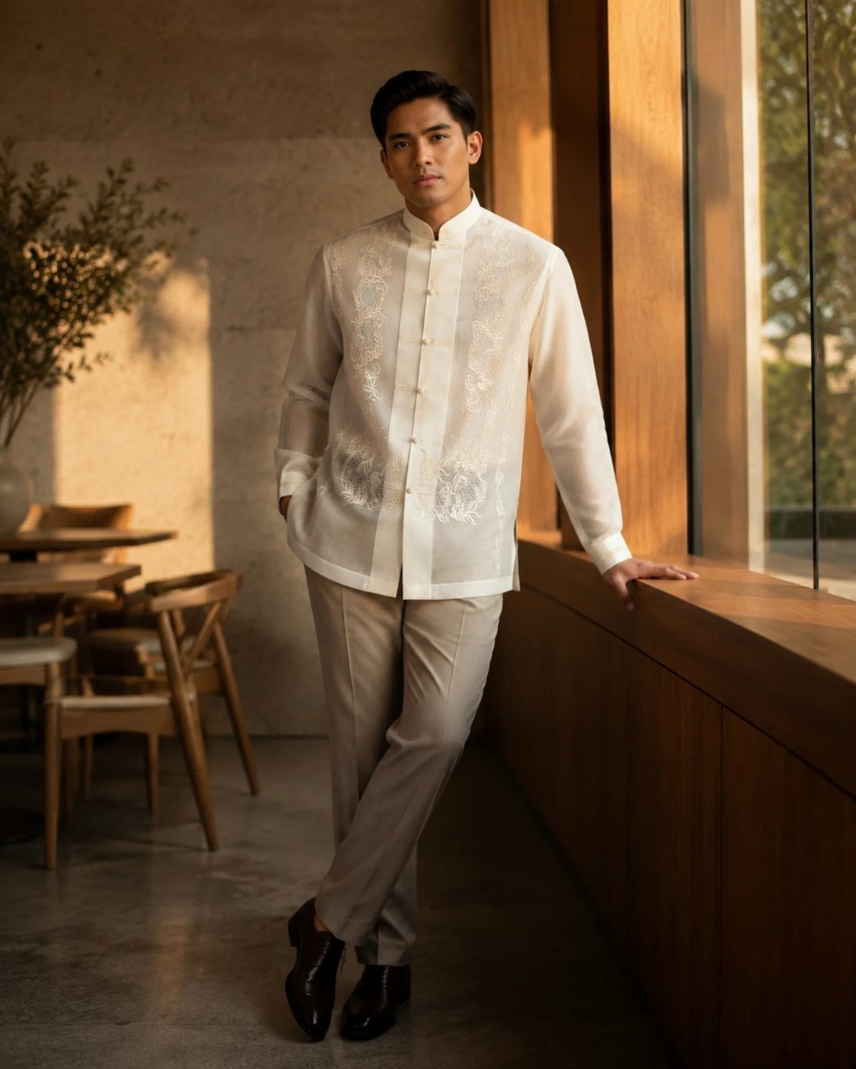 Man wearing a modern white embroidered Barong Tagalog with grey trousers and black shoes.