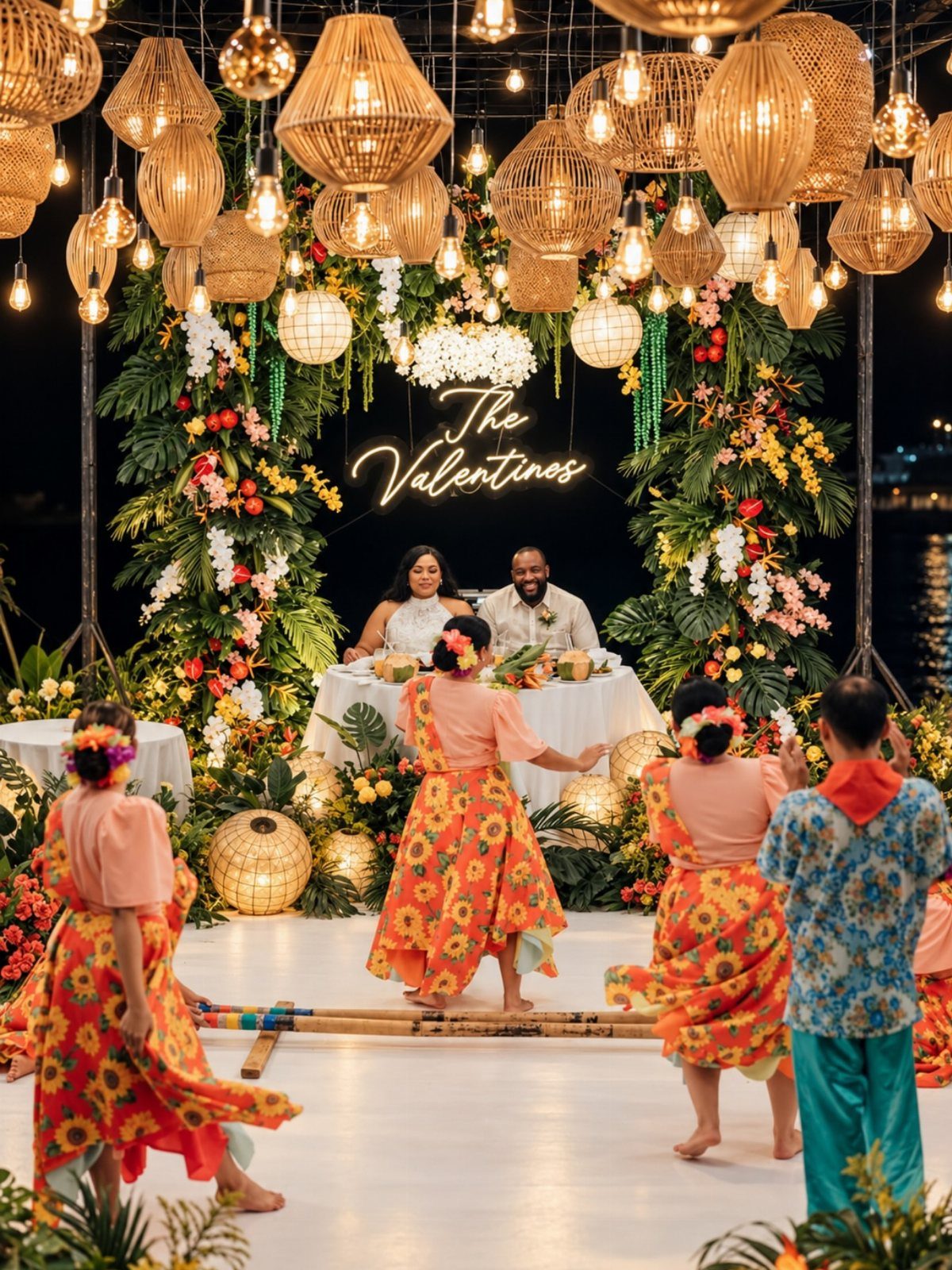 Couple at a wedding table while dancers perform under woven lanterns and flowers.