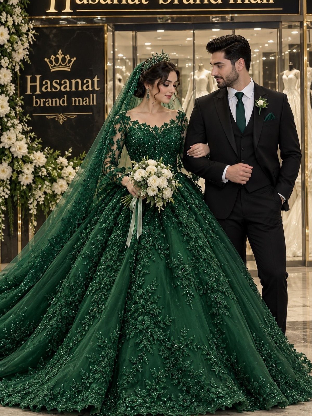 Woman in a voluminous dark green lace wedding gown with a man in a suit.