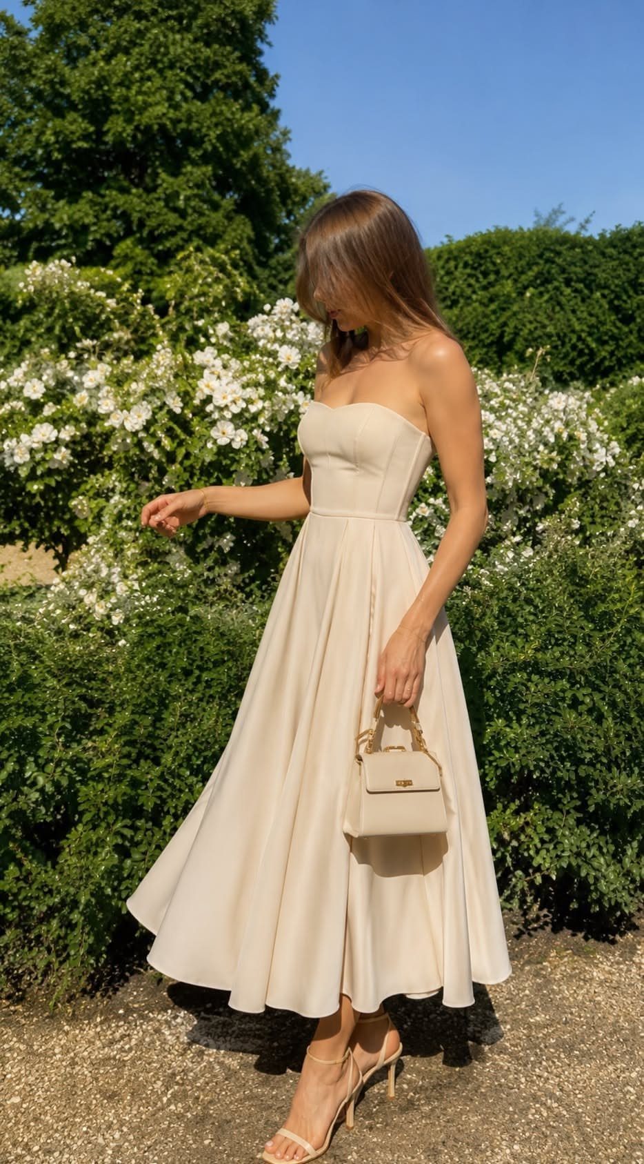 Woman in a cream strapless corset bodice midi dress holding a small handbag outdoors.