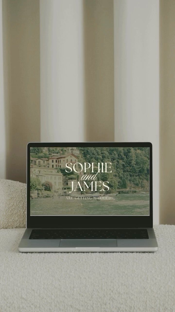 Laptop displaying a wedding website template for Sophie and James with scenic background.