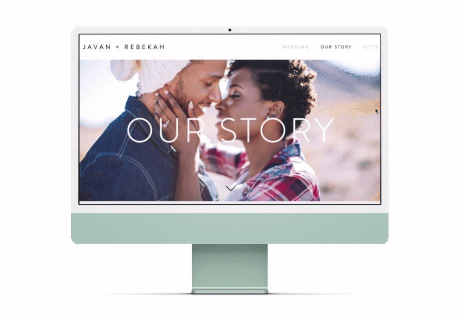 Computer monitor displaying a wedding website page titled Our Story with a couple.