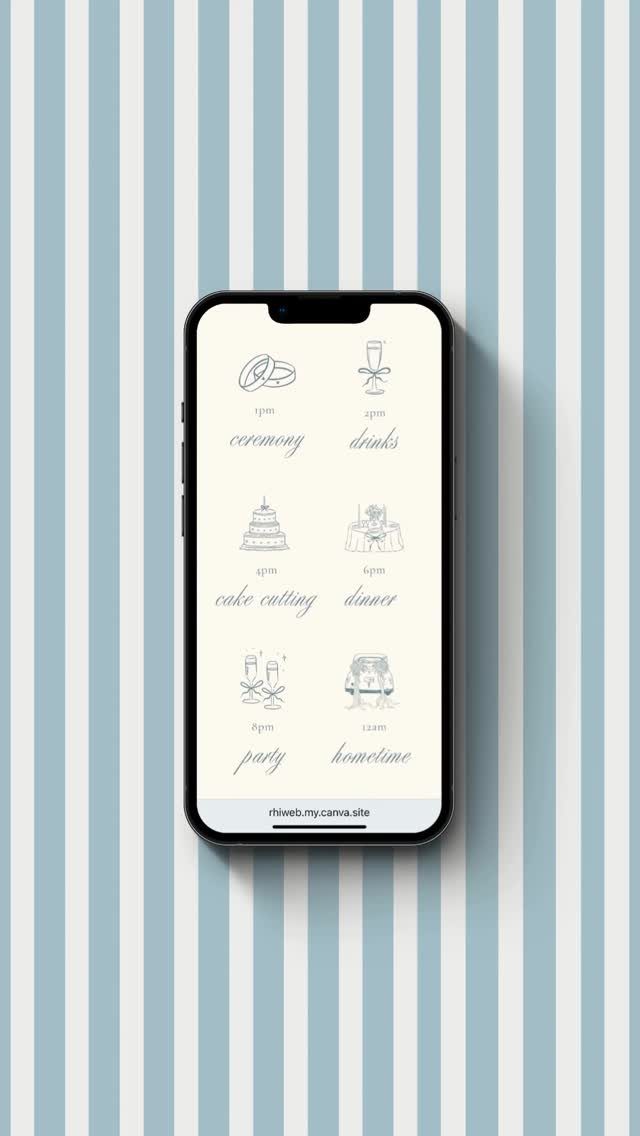 Smartphone displaying a wedding schedule website with icons on a blue striped background