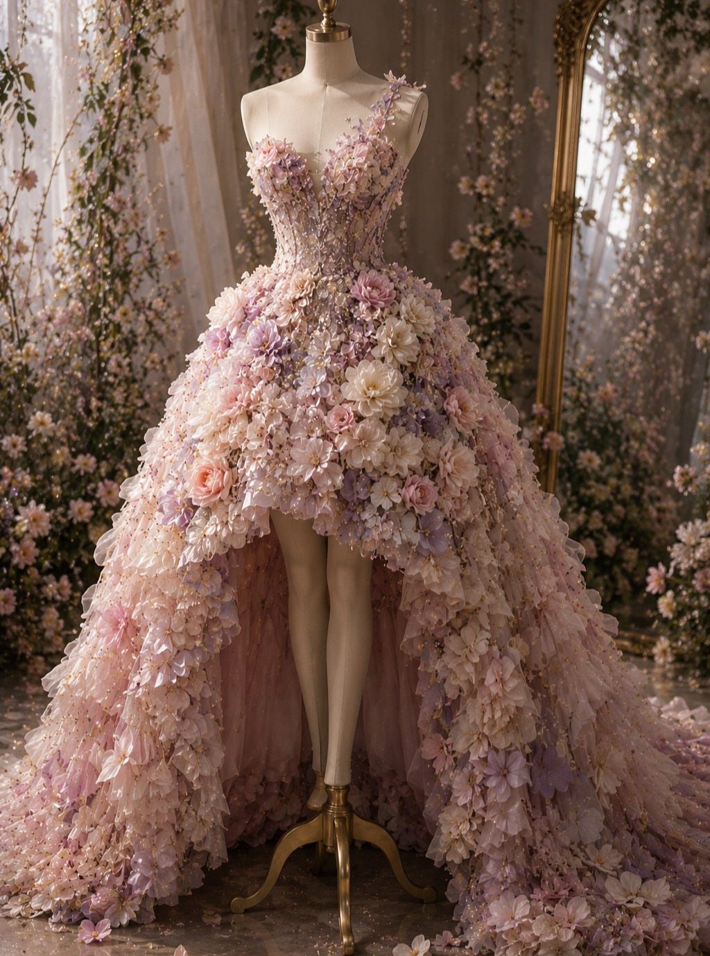 Floral wedding dress with pink and purple 3D blossoms on a mannequin.