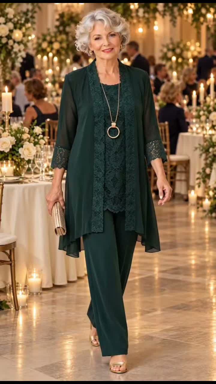 Older woman wearing a dark green lace top, trousers, and matching sheer jacket.
