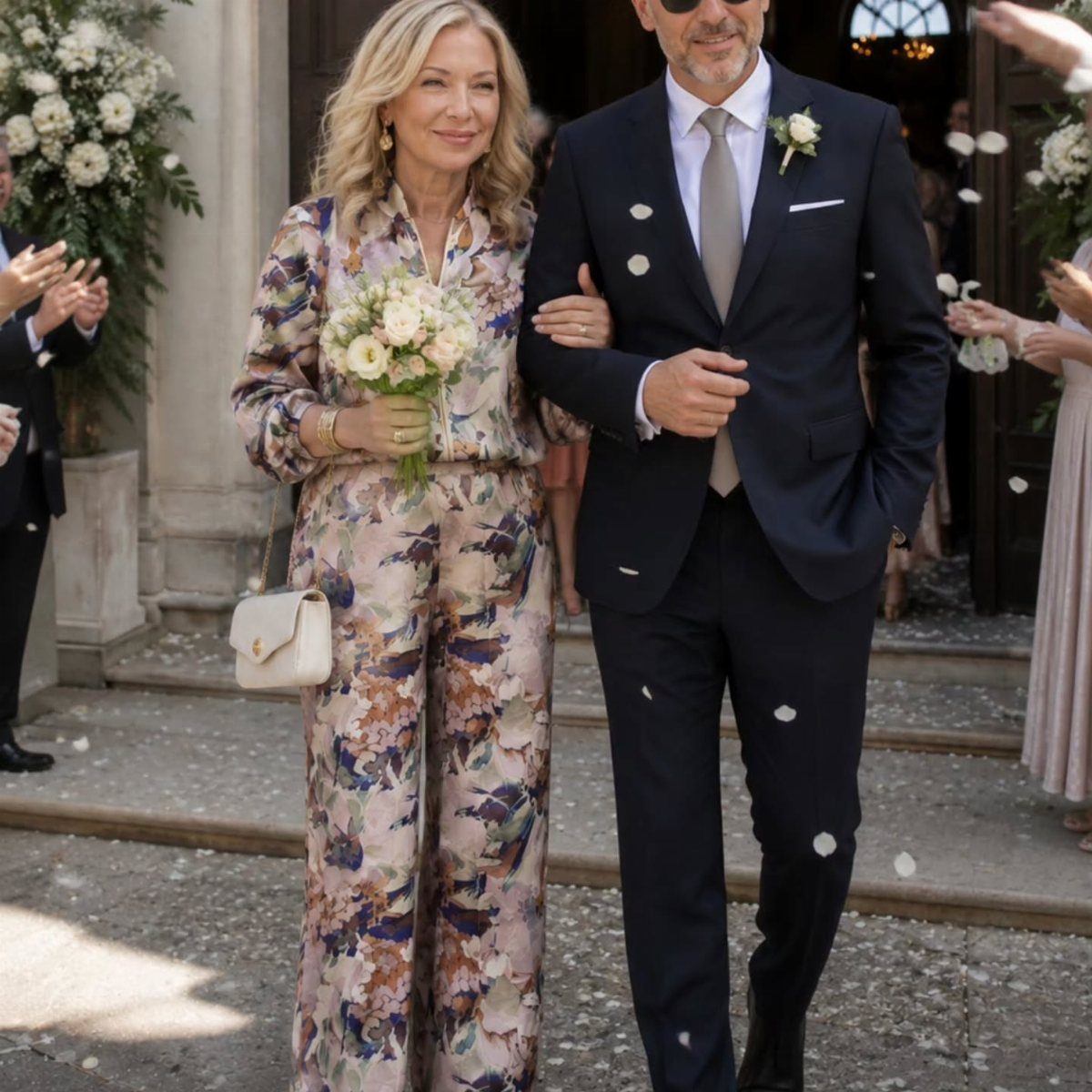 Woman in floral print pantsuit and man in navy suit at a wedding.