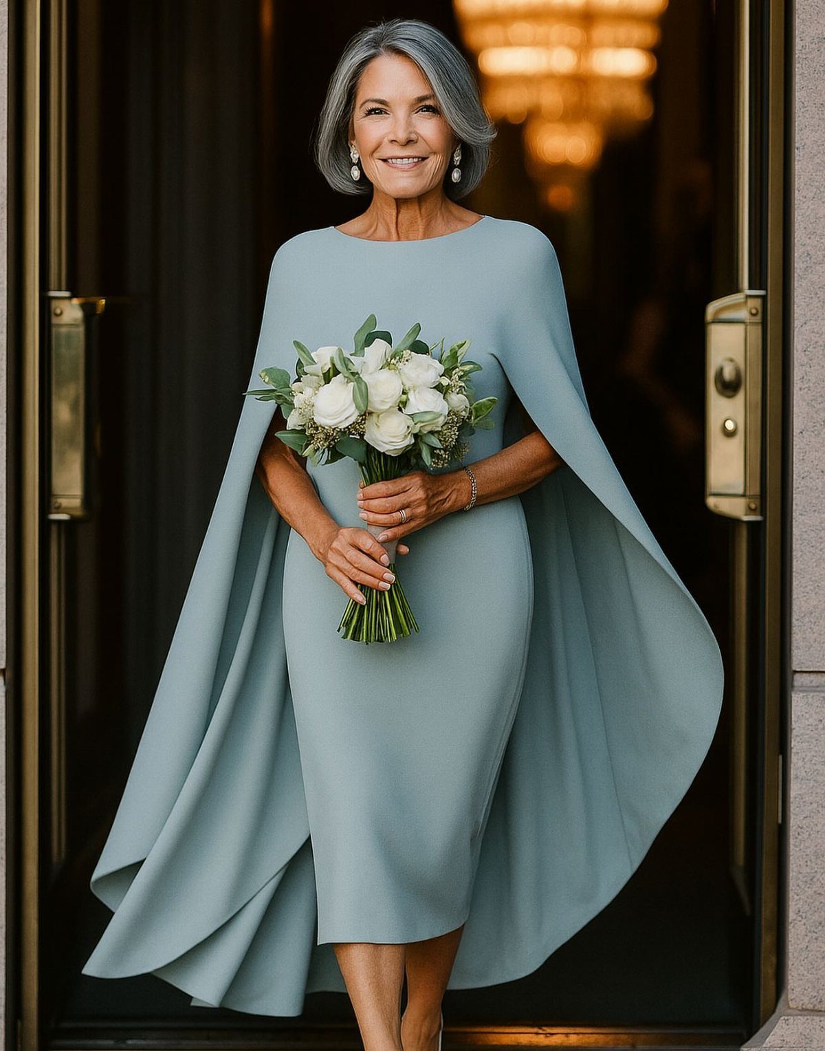 Mature woman in a light blue-grey cape dress holding white roses bouquet.