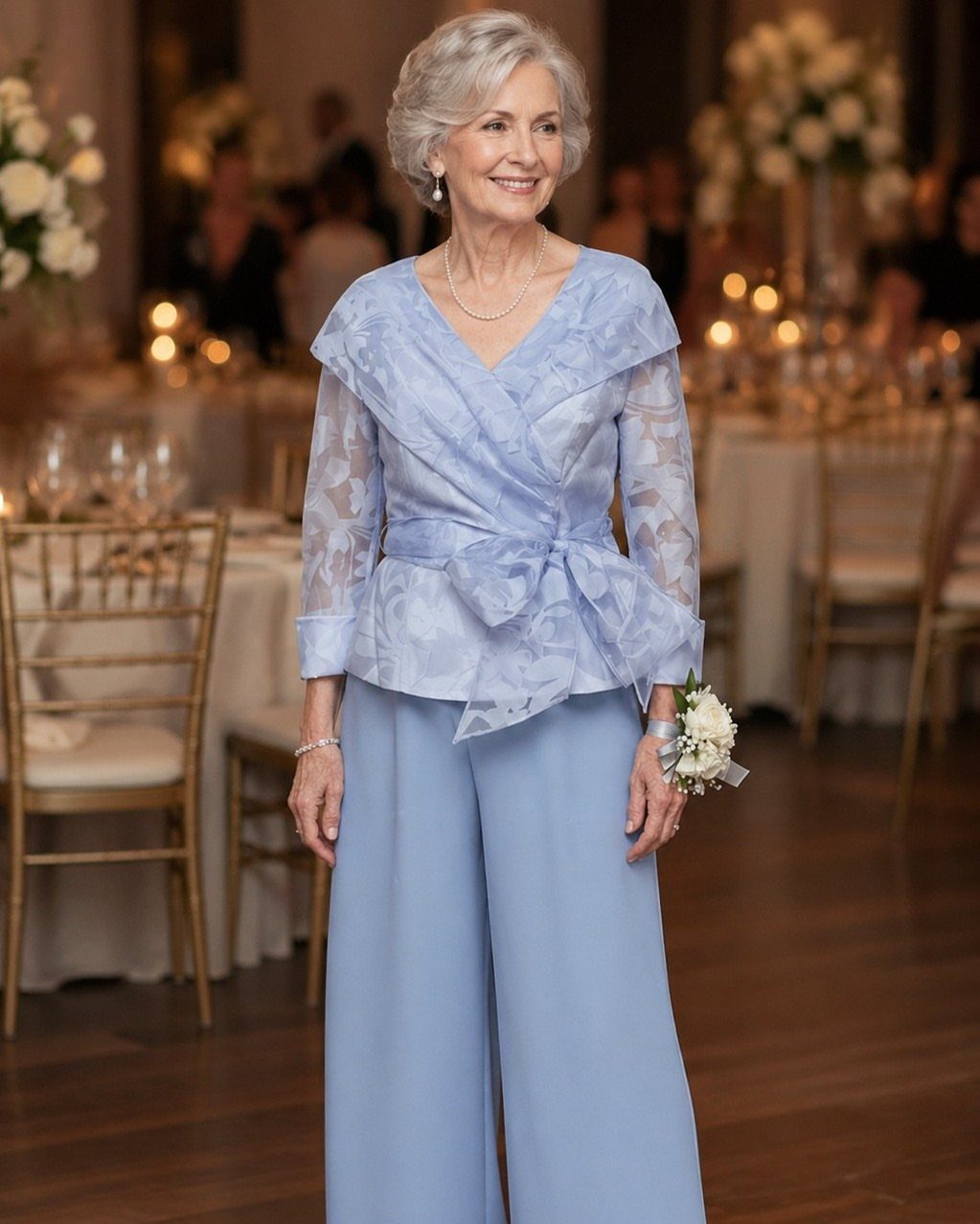 Older woman wearing a light blue lace wrap top and wide-leg trousers at wedding.