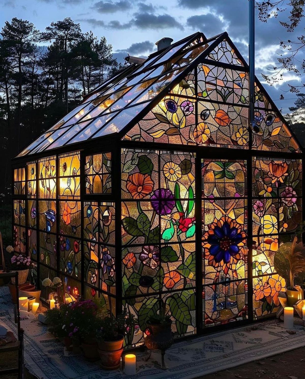 Stained glass greenhouse with colorful floral patterns illuminated at dusk in a forest.