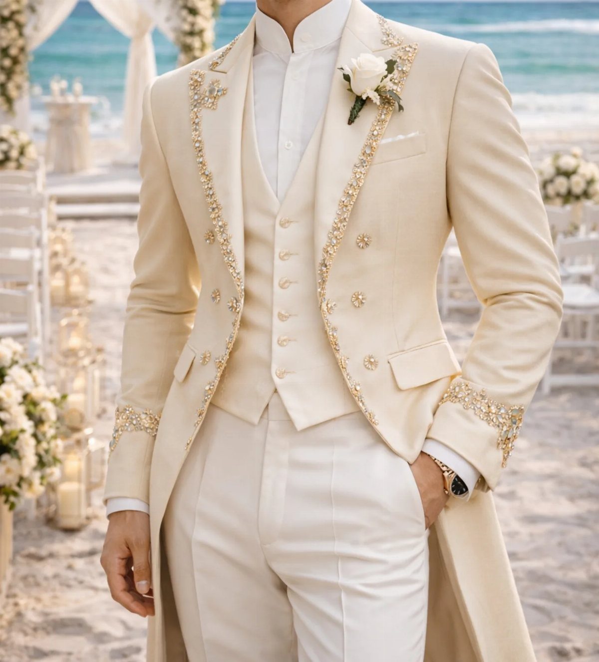 Man in a cream tailored three-piece suit with gold embroidery at a beach wedding.
