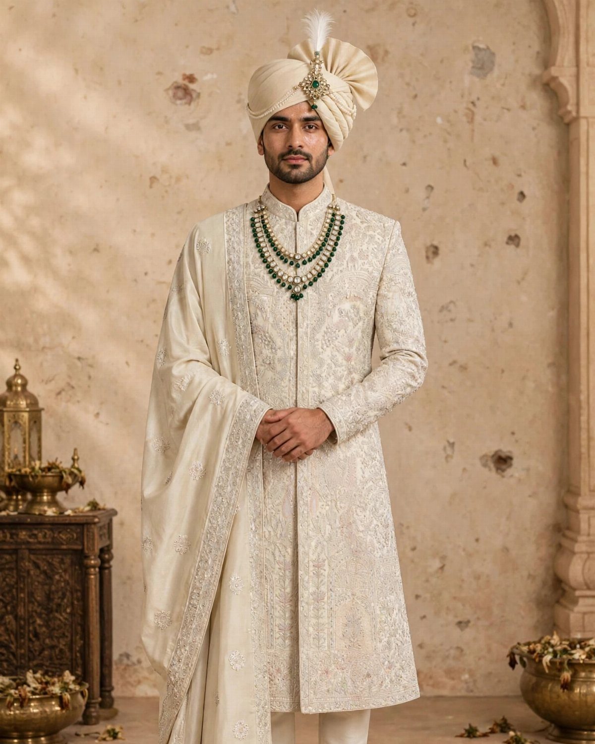 Man in cream embroidered sherwani and turban with green beaded necklaces