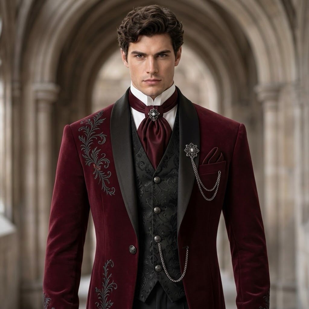 Man in a burgundy velvet tuxedo with black embroidery and a cravat.
