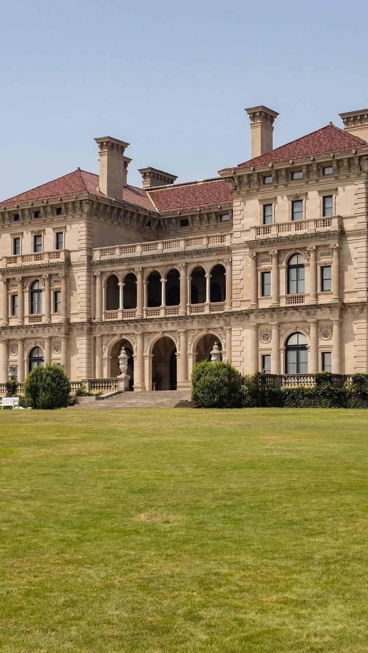 Historic stone mansion with red tiled roof and expansive green lawn.