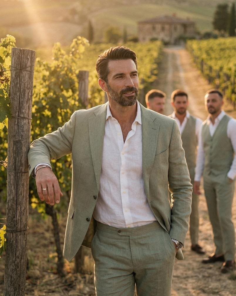 Men in matching light green linen suits and vests standing in a vineyard.
